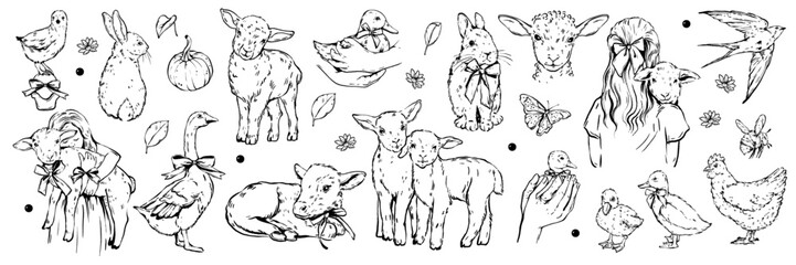 Cute farm domestic animals set, vector doodle easter lamb rabbit hand drawn illustration little girl. Country village pets line clipart, chicken, goose, lovely little cow. Nature farm animals sketch