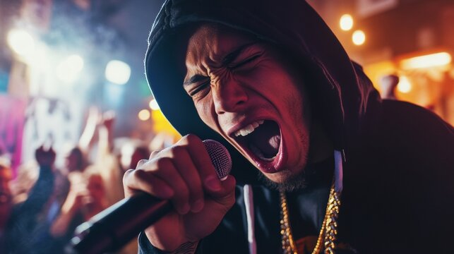 rapper with a microphone looking at the camera in a rap battle