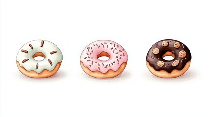 Fototapeta premium Colorful Donuts with Various Toppings on a White Background for Sweet Treat Promotion
