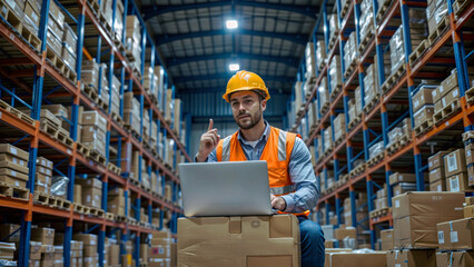 "A warehouse worker wearing a yellow hard hat and an orange safety vest sits on a stack of cardboard boxes while using a laptop. He has a thoughtful expression, pointing  as if having an idea. The bac