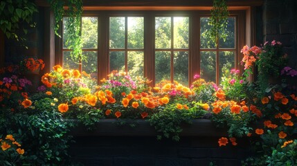 Fototapeta premium Window Box of Vibrant Blossoms: A Sunlit Garden Oasis
