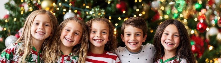 Children Smiling in Front of a Beautifully Decorated Christmas Tree, Celebrating the Holiday Season