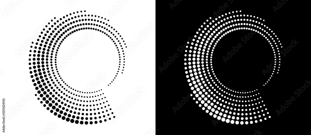 Poster Circle abstract background with dynamic halftone dots in spiral. Black shape on a white background and the same white shape on the black side.