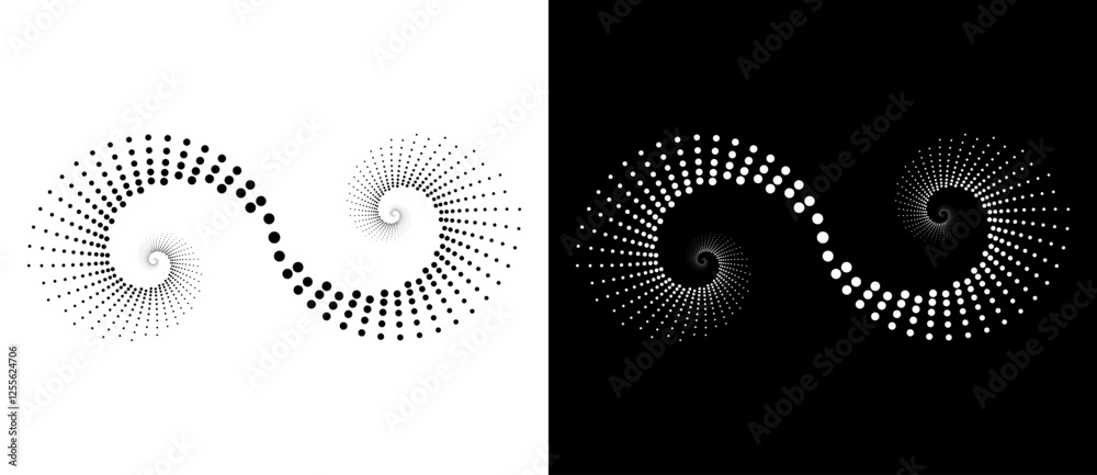 Poster Spiral as halftone dotted abstract infinity symbol. Black shape on a white background and the same white shape on the black side.