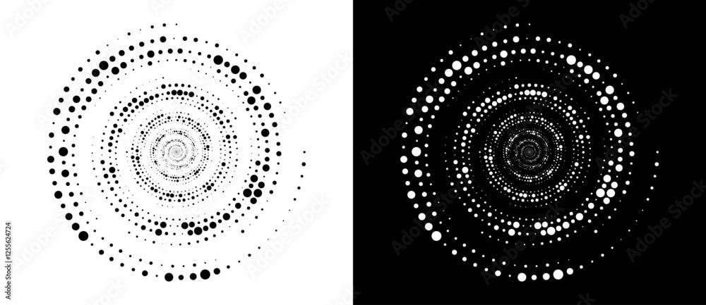 Poster Circle abstract background with dynamic halftone dots in spiral. Black shape on a white background and the same white shape on the black side.