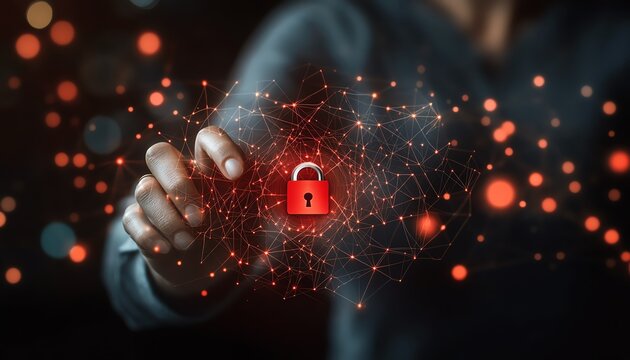Cybersecurity concept with a person interacting with digital padlocks and an open red lock symbol on a dark background, secure data protection, hightech digital interface