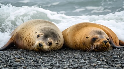 Naklejka premium Marine wildlife scene captures sea lions lounging on sandy beach with turquoise waves, black volcanic rocks, and ocean spray creating peaceful natural environment on coastal shore.
