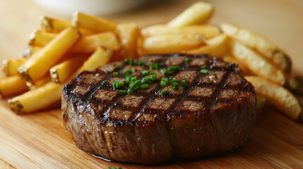 Grilled steak with fries on wooden board, close-up for food blog or menu