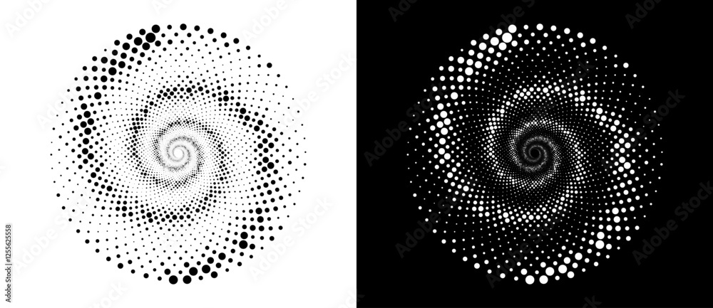 Poster Circle abstract background with dynamic halftone dots in spiral. Black shape on a white background and the same white shape on the black side.