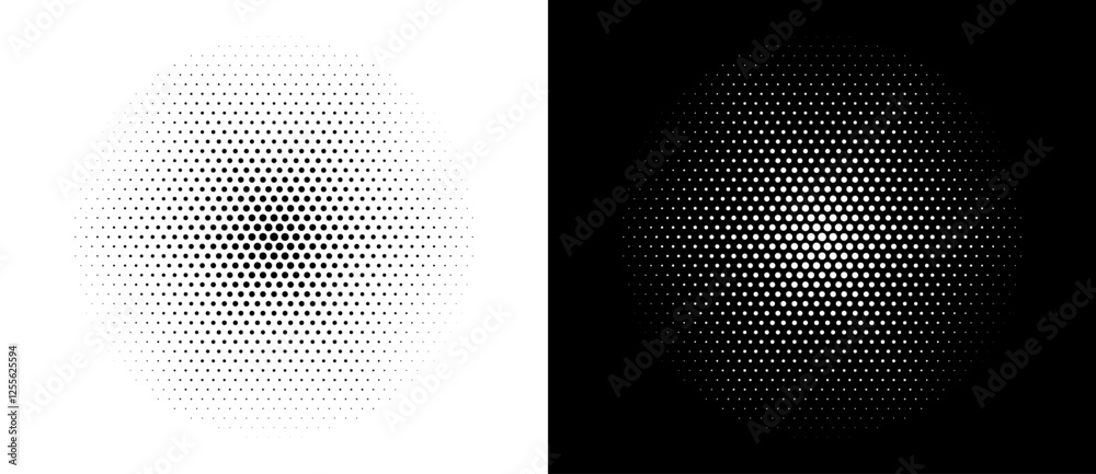 Poster Halftone dots in hexagone form. Logo or icon label. Vector dotted design element. Vector dotted frame. A black figure on a white background and an equally white figure on the black side.