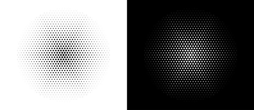 Halftone dots in hexagone form. Logo or icon label. Vector dotted design element. Vector dotted frame. A black figure on a white background and an equally white figure on the black side.