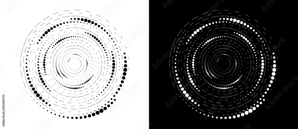 Poster Circle abstract background with dynamic halftone dots in spiral. Black shape on a white background and the same white shape on the black side.