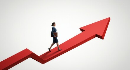 Business success, growth and personal development concept with businesswoman back view walking on red arrow growing up on abstract light background