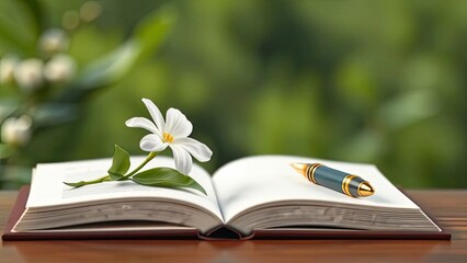 Open Book White Flower Pen Nature Background Spring