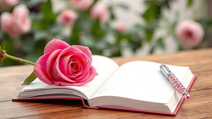 Pink Rose on Open Notebook Pen Romance Love Spring