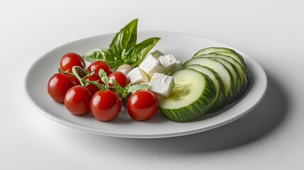 Photorealistic image of fresh cucumbers, cherry tomatoes, and herbs on a wooden table, perfect for healthy eating and food themes