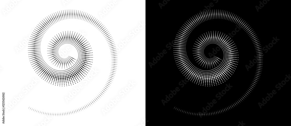 Poster Modern abstract background. Halftone dots in spiral. Round logo. Vector dotted frame. Design element or icon. Black shape on a white background and the same white shape on the black side.
