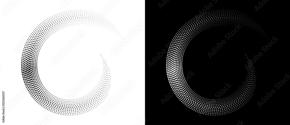 Poster Modern abstract background. Halftone dots in spiral. Round logo. Vector dotted frame. Design element or icon. Black shape on a white background and the same white shape on the black side.