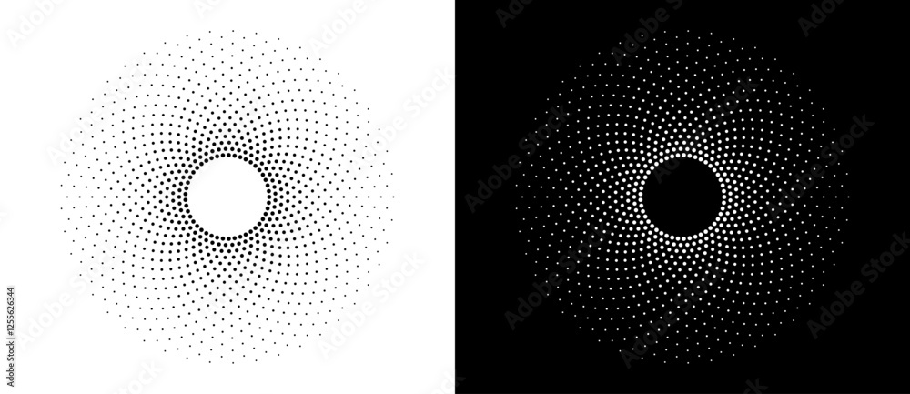 Poster Art sun background. Icon template or logo with halftone dotted lines. Black shape on a white background and the same white shape on the black side.