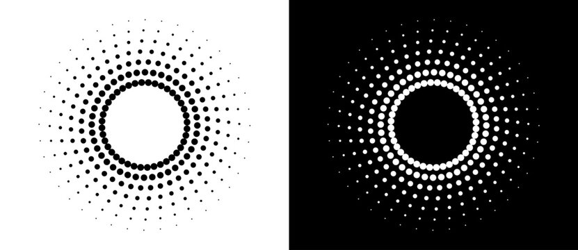 Art sun background. Icon template or logo with halftone dotted lines. Black shape on a white background and the same white shape on the black side.