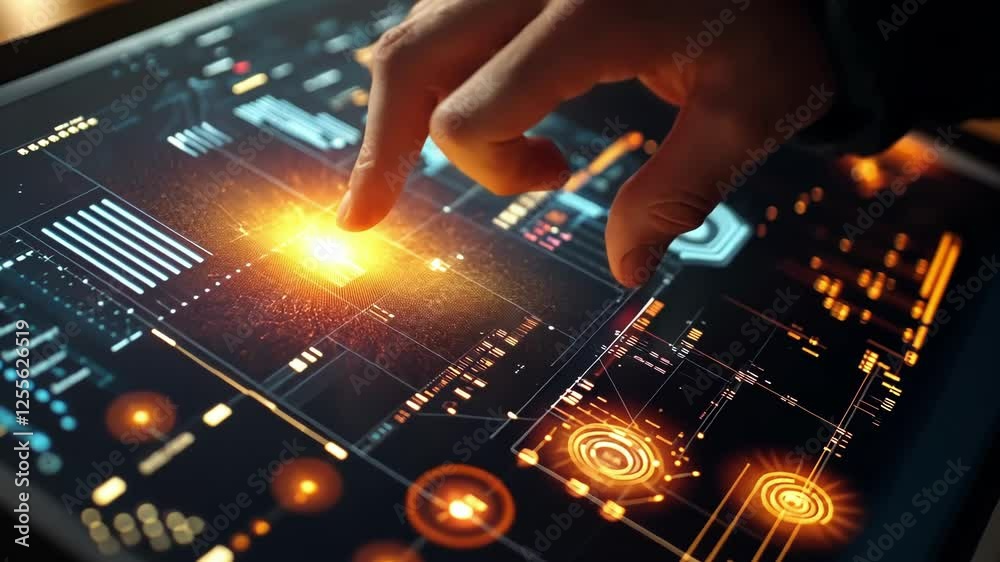 Poster close up of a hand interacting with a high tech screen displaying intricate data visualizations, sug