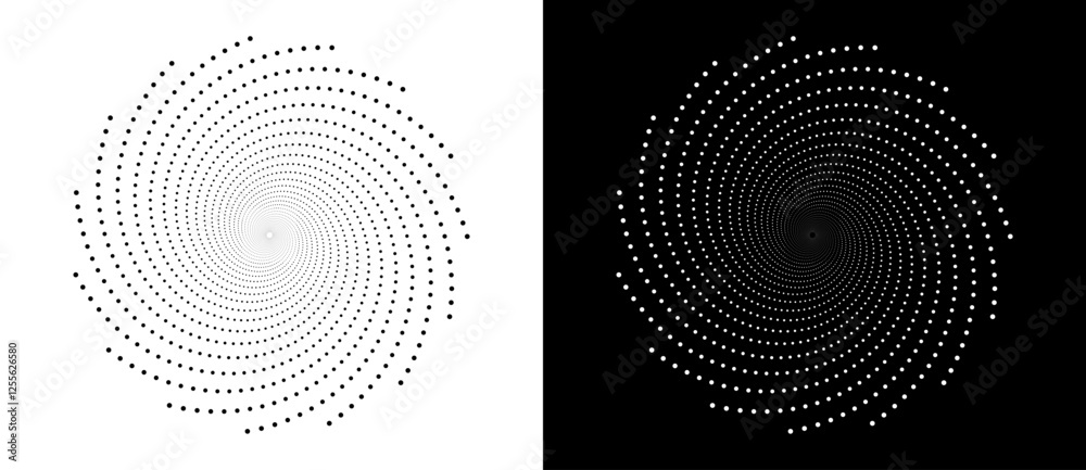 Aufkleber Circle abstract background with dynamic halftone dots in spiral. Black shape on a white background and the same white shape on the black side.