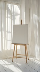 A sunlit studio with white wooden floors, airy curtains, and a blank framed canvas on a minimalist easel.