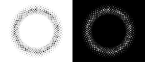Modern abstract background. Halftone dots in circle form. Round logo, design element or icon. Vector dotted frame. A black figure on a white background and an equally white figure on the black side.