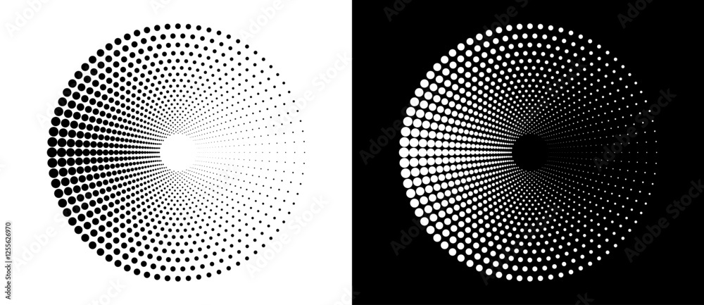 Leinwandbilder Modern abstract background. Halftone dots in circle form. Round logo, design element or icon. Vector dotted frame. A black figure on a white background and an equally white figure on the black side.