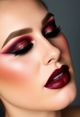Naklejka premium Detail of a vibrant, expertly applied makeup style featuring bold eyeshadow, defined eyeliner, and rich lipstick colors. Perfect for makeup concepts, beauty editorials, or cosmetic product advertiseme