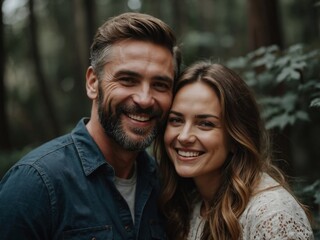 Obraz premium Joyful Young Couple Embracing Love in a Beautiful Outdoor Portrait in the Woods