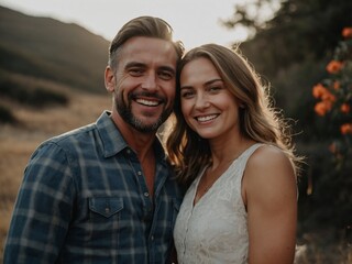 Joyful Outdoors Portrait of a Smiling Couple Embracing Happiness and Togetherness in Nature