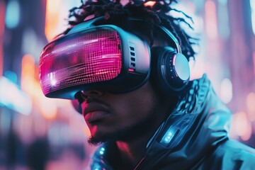 Naklejka premium A neon-lit cyberpunk school where pupils study using holographic books and AI-driven tutors