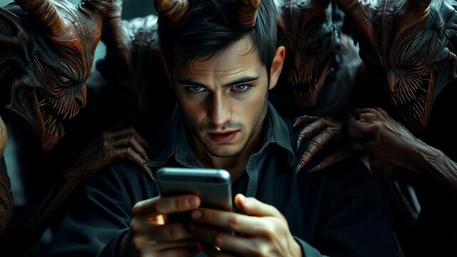 A group of evil demonic creatures are positioned around an innocent man who is holding a phone and looking at its screen