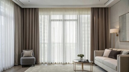 Curtain shade and transparent, A modern living room featuring soft curtains, a cozy sofa, and minimalistic decor, creating a serene and inviting atmosphere.