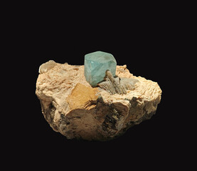 Detailed Close-Up View of Beautiful Blue Topaz Crystal Specimen on Dark Background