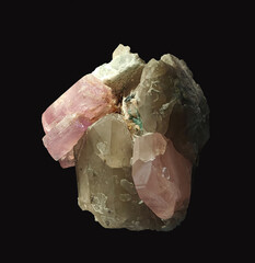 Detailed Close-Up View of Beautiful Pink and Green Tourmaline Crystal Specimen on Dark Background