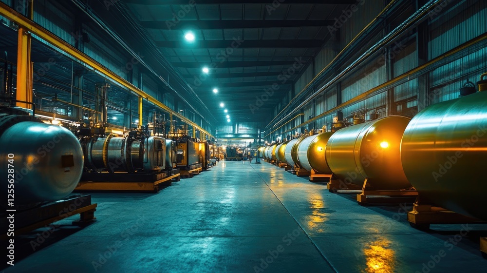 Poster a wide-angle shot of large industrial compressed gas tanks neatly arranged in a factory setting, ill