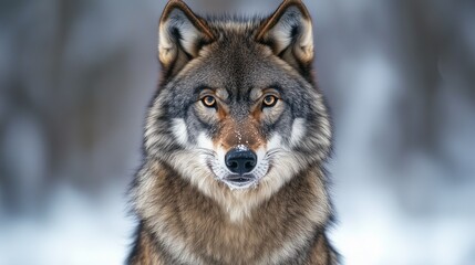 Close-up of a wolf staring in a snowy environment