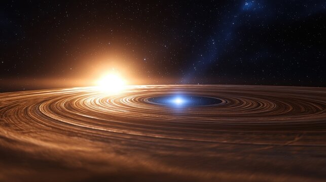 Stellar Formation: An artistic depiction of a protoplanetary disk, illuminated by a bright, young star, against a backdrop of distant galaxies.