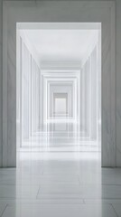 Fototapeta premium A symmetrical hallway with floor-to-ceiling marble and an oversized white frame.