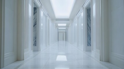 A symmetrical hallway with floor-to-ceiling marble and an oversized white frame.