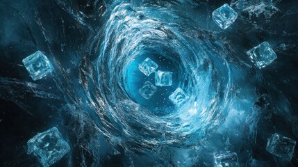 Ice cubes swirl in a vortex, dark background, refreshing drink concept