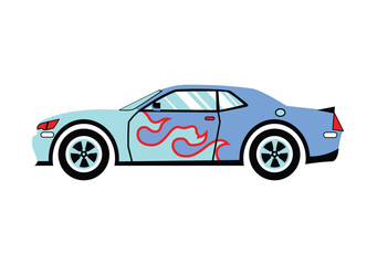 Fototapeta premium Colorful cartoon illustration of a light blue sports car with flame graphics.