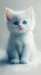 Fototapeta premium A fluffy, white kitten with striking blue eyes sits elegantly against a soft, ethereal backdrop, exuding innocence and charm.