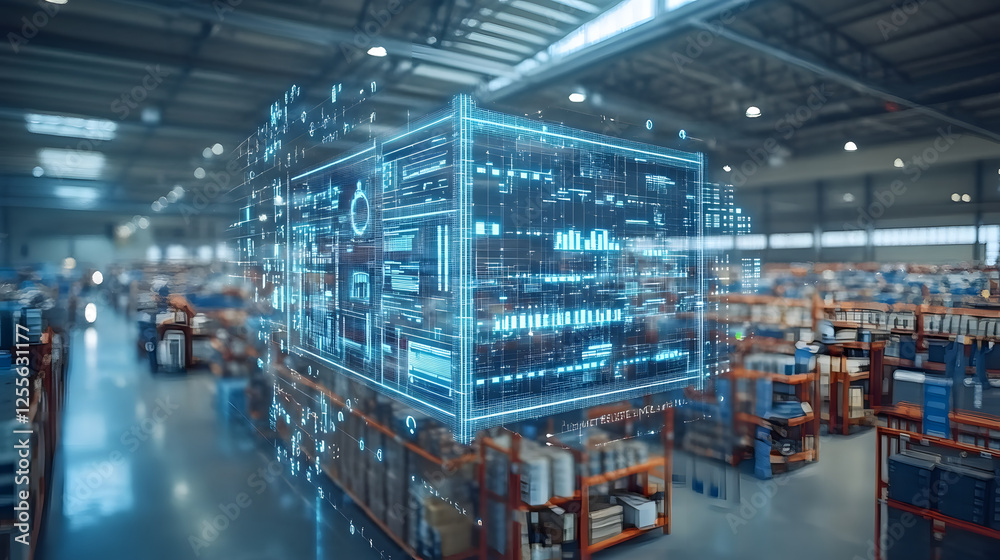 Poster a digital representation of data processing in a modern warehouse, showcasing technology and efficie