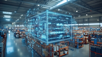 A digital representation of data processing in a modern warehouse, showcasing technology and efficiency in inventory management