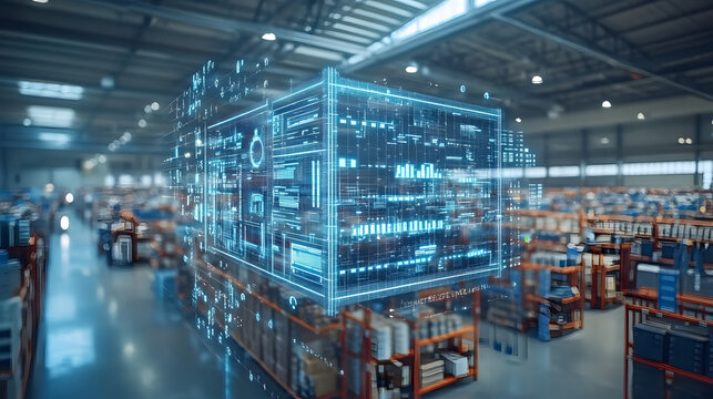 A digital representation of data processing in a modern warehouse, showcasing technology and efficiency in inventory management