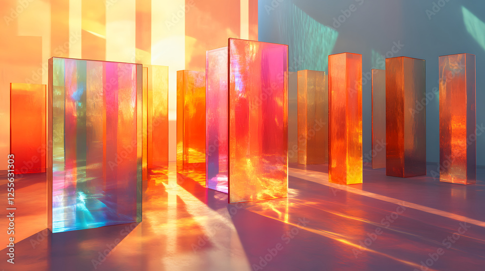 Aufkleber A vibrant display of colorful glass panels casting reflections and shadows, creating a stunning interplay of light and color