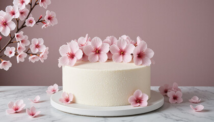 Elegant wedding cake with pink cherry blossoms on marble surface, romantic decor